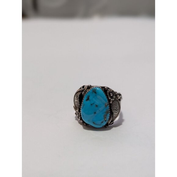 Vintage Turquoise Ring Intricate Silver Leaf Design Southwestern Statement - Picture 13 of 14